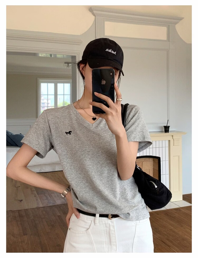 ICH MODE Women's V-Neck Pony Embroidered Short Sleeve T-Shirt Summer Tee 2026 New Slim Fit Top Heather Gray L 7