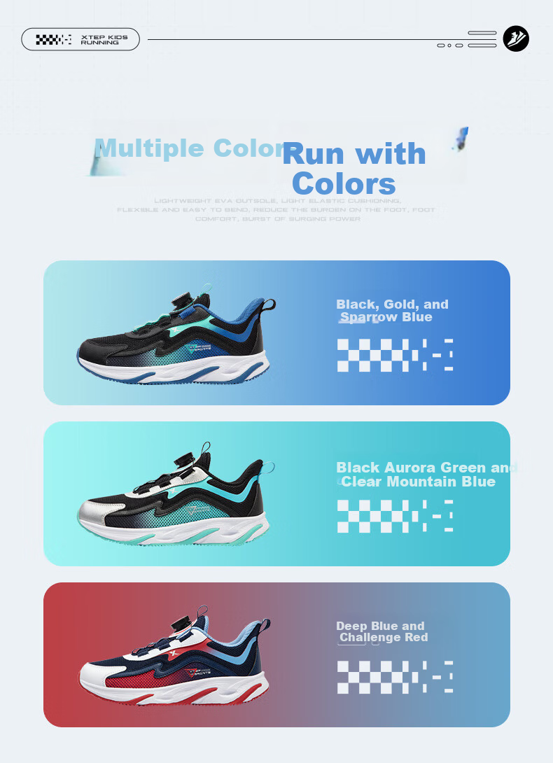 XTEP Kids Boys' Mid-Large Size Rotating Buckle Sequin Decor Running Shoes Black/Colorful Blue Size 39 5