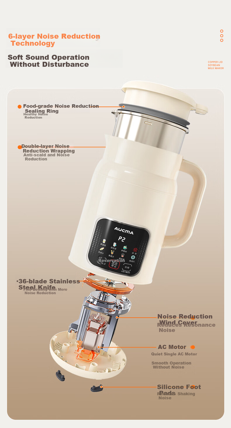 AUCMA Steel Lid Soy Milk Maker Small 1-3 Person Multigrain Blender Hands-Free Baby Food Processor 1L Fully Automatic No-Cook Silent Filter-Free Rice Cereal Machine M55 10