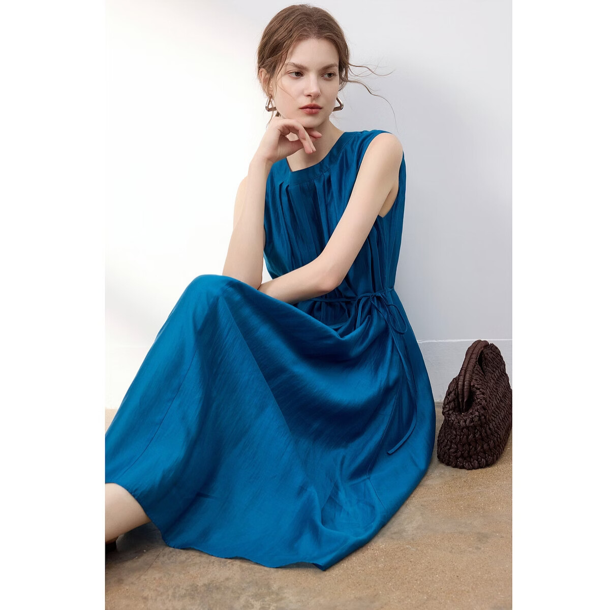 Demana Oxygen Lenzell Summer Sleeveless Pleated Waistband Loose Slim Fit Dress for Women Premium