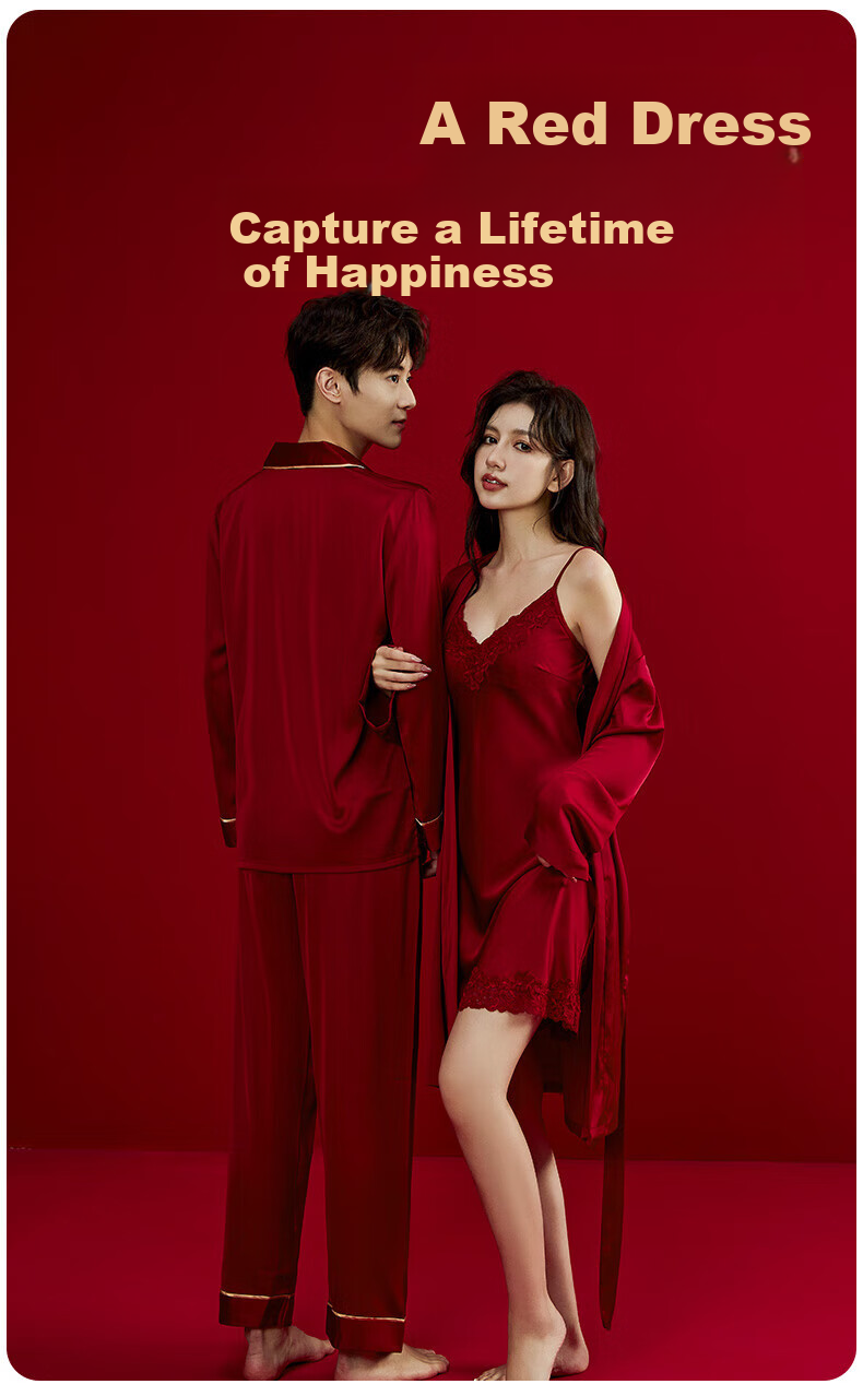 Caramella Women's Loungewear Set Unisex Wedding Newlywed Ice Silk Robe Bride Red Couple Pajamas Men 2