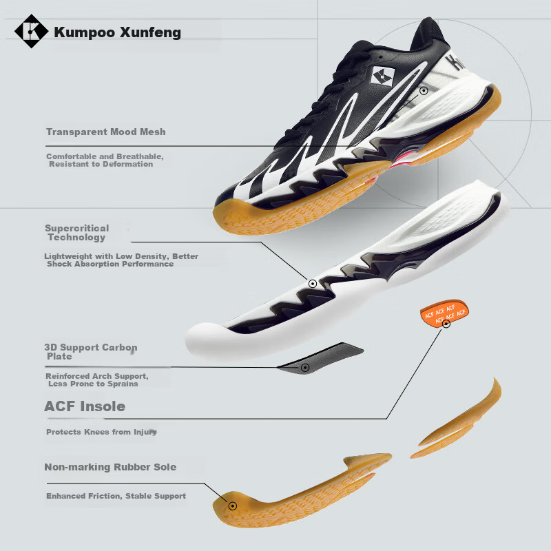 KUMPOO Shura Badminton Shoes ACF Cushioning Rebound Breathable Anti-Torsion Non-Slip Sports Shoes KH-G828 Black/White Size 36