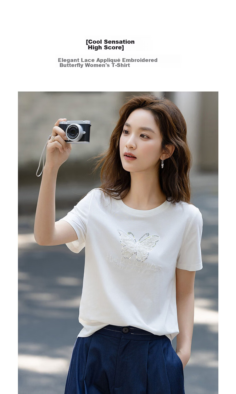 Demana [Cool Sorona] Summer Elegant Round Neck Lace Applique Embroidered Butterfly Slim Fit T-Shirt for Women Premium Feel 1