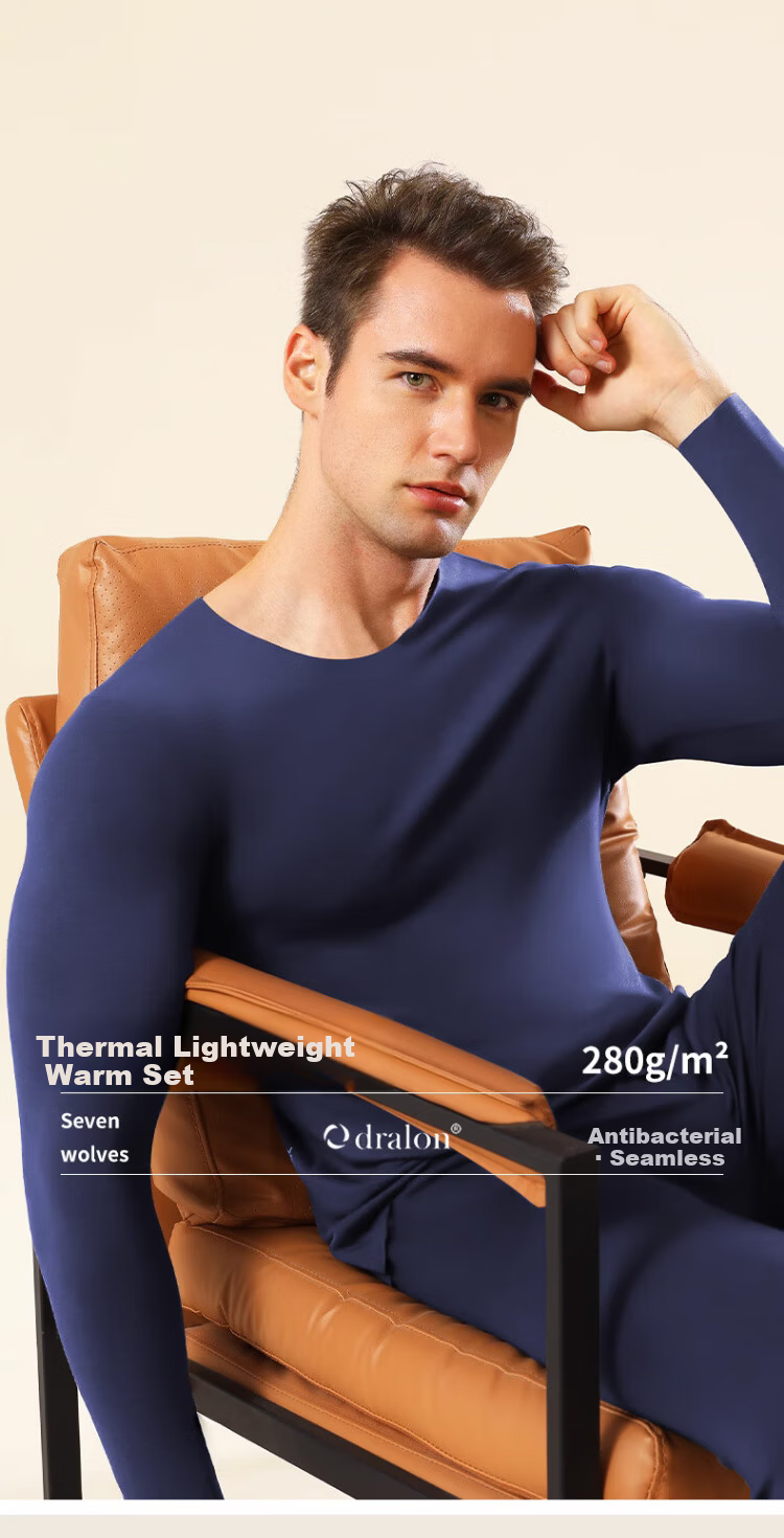 LangSha Men's Thermal Velvet Self-Heating Seamless Round Neck Base Layer Autumn Winter Warm Underwear Set 1