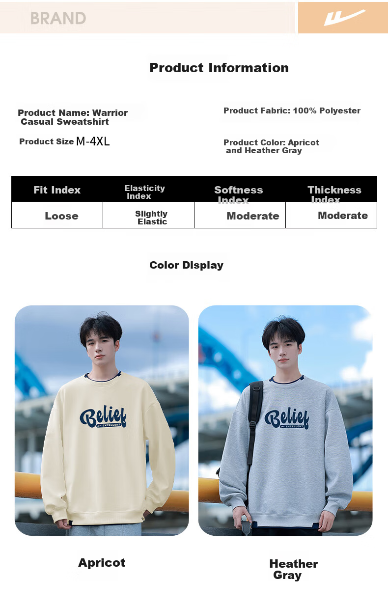 Huili Men's Sweatshirt, Autumn Letter Print Long-Sleeve T-Shirt, Loose-Fitting Undershirt, Casual Trendy Top for Men, Apricot Color, Size M 3