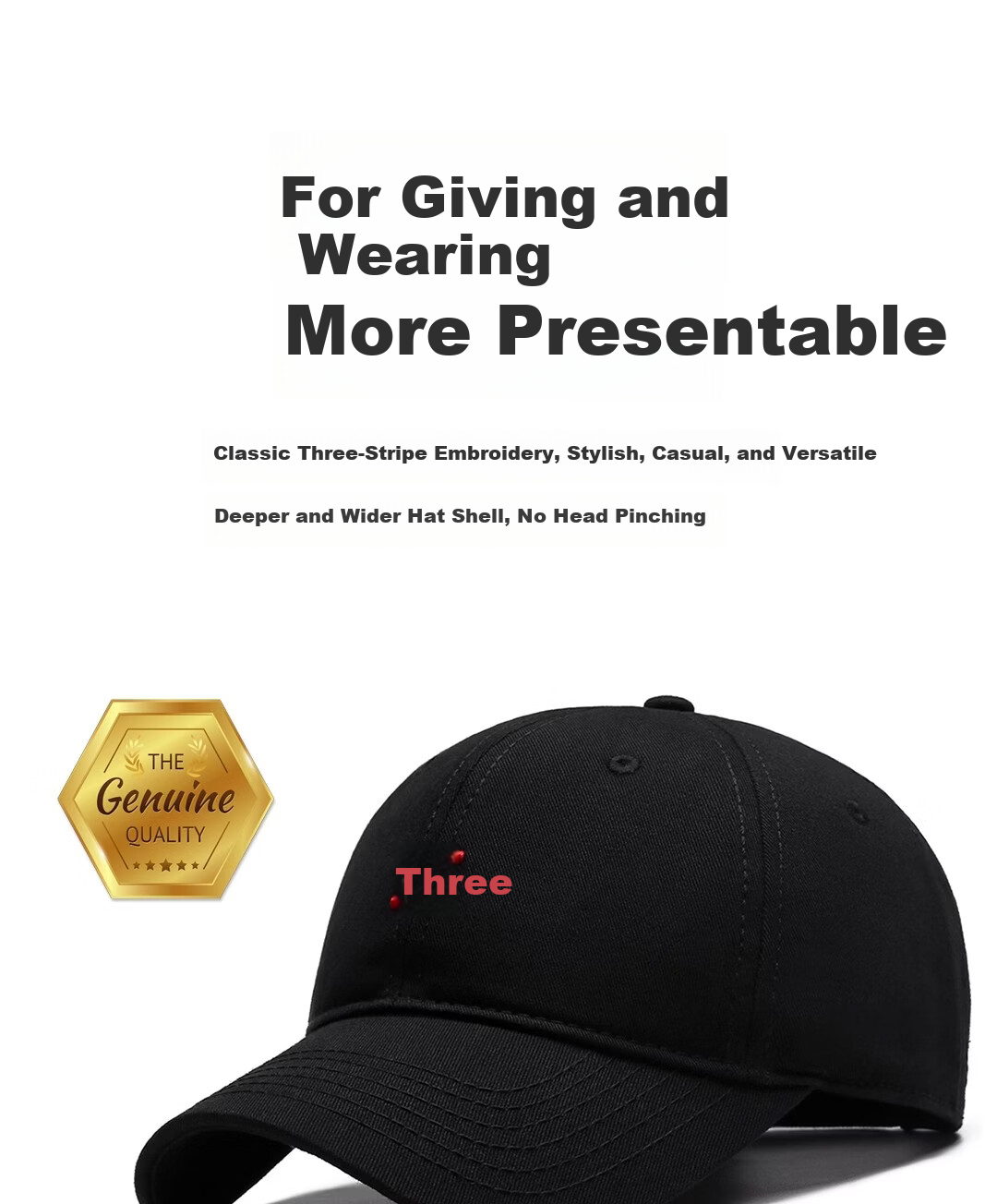 Miiow Men's Cotton Baseball Cap Large Size Big Head Circumference Unisex Duckbill Hat Trendy Sunshade Black-Red Three Stripes 3
