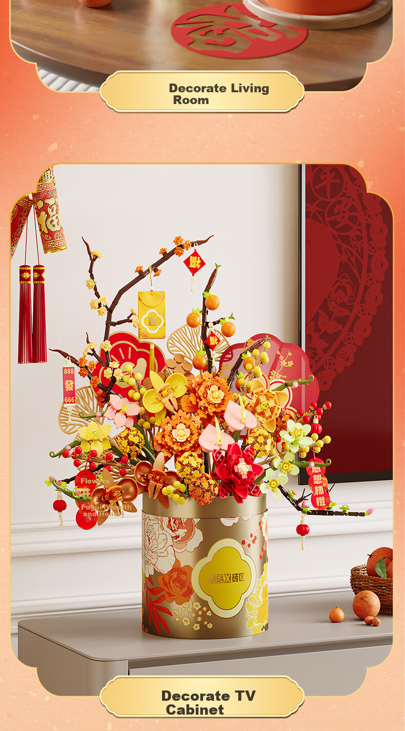 AREA-X Brick Zone Building Block Flower Shop Series Trendy Building Block Toy Holiday Gift Heartfelt Persimmon Orange - Hug Bucket 9