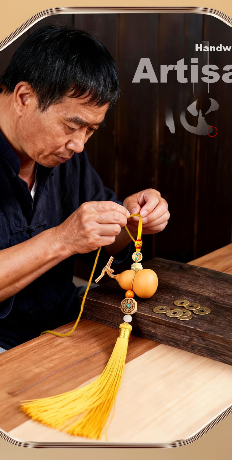 Binyue Natural Gourd Feng Shui Hanging Ornament, Five Emperors Coins Entrance Door Pair Hanging Ornament, Huangyang Wood Hanging Dragon Gourd, 2 Strings Set 2