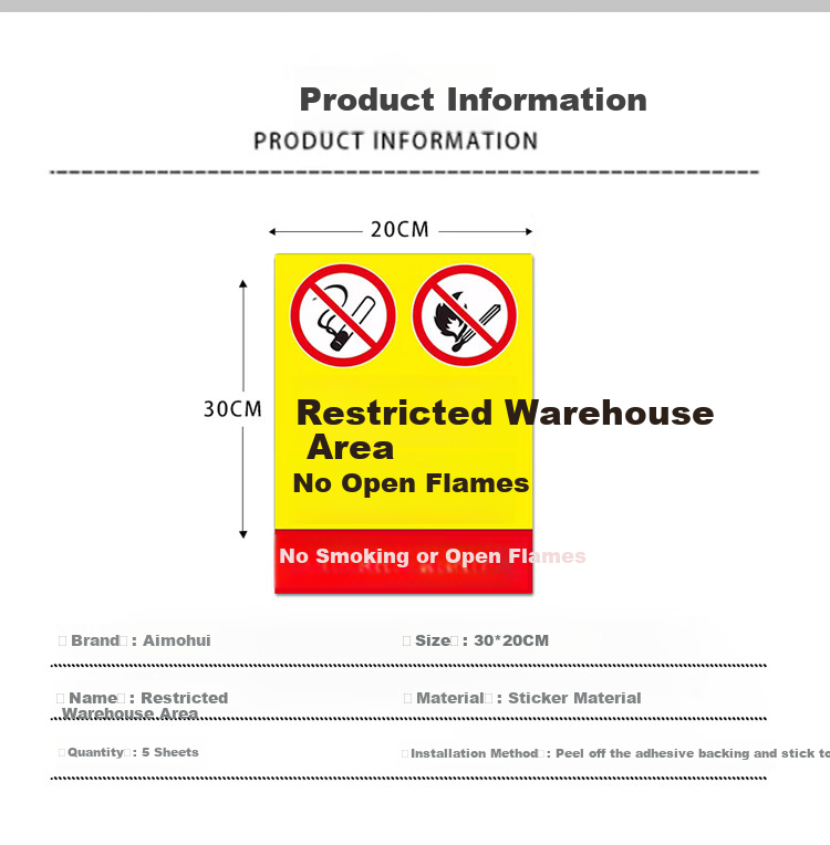 Aimo Warehouse Restricted Area Sign No Smoking Fire Safety Workshop Fire Prevention Sign 20x30cm Pack of 5 2