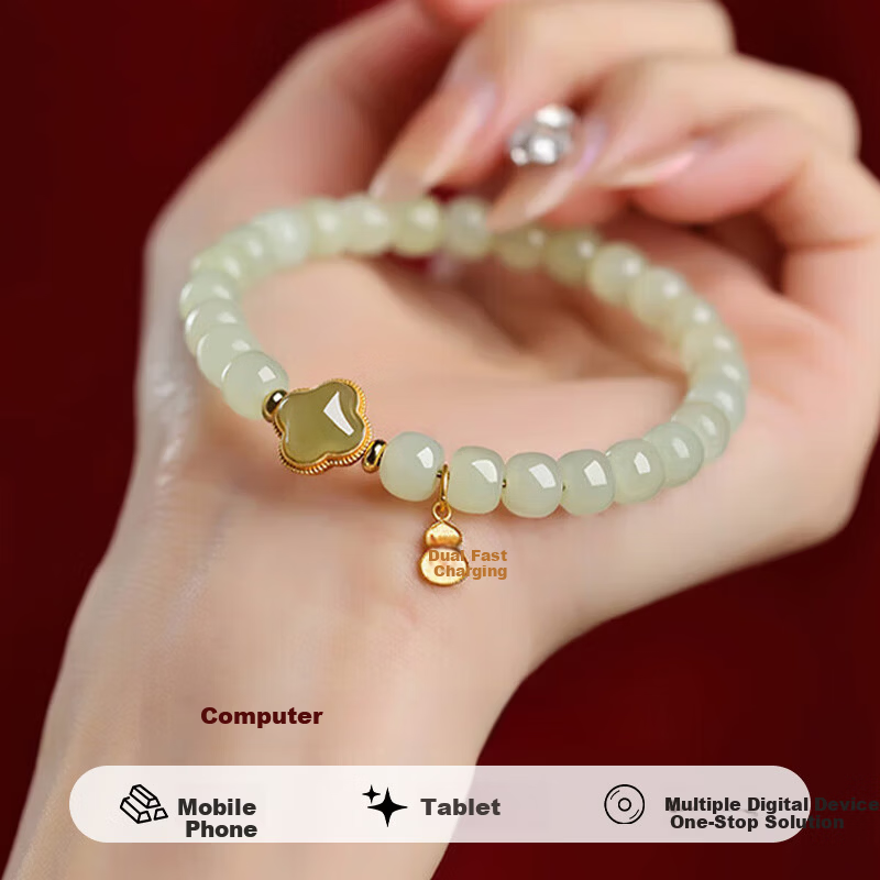 Chow Tai Fook Hetian Jade Four-Leaf Clover Silver Bracelet for Women Luxury Jade Beaded Bracelet Ring Birthday 520 Valentine's Day Gift for Girlfriend