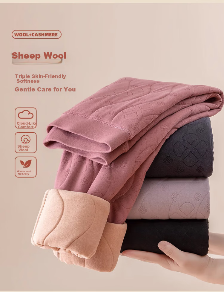 Langsha 100% Wool Thermal Pants Women Autumn Winter Fleece Lined Thickened High Waist Slim Fit Wool Leggings Black 8