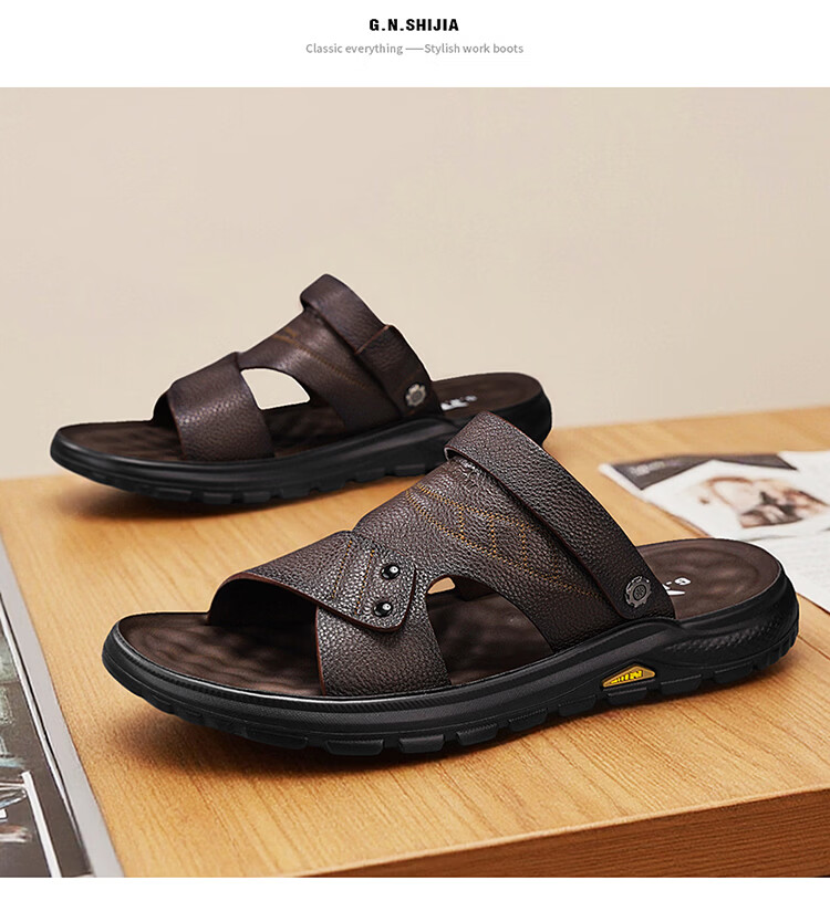 Bull Family Men's Leather Sandals Summer New Genuine Leather Soft Sole Breathable Beach Shoes Men's Versatile Two-Way Commuter Casual Slippers 42