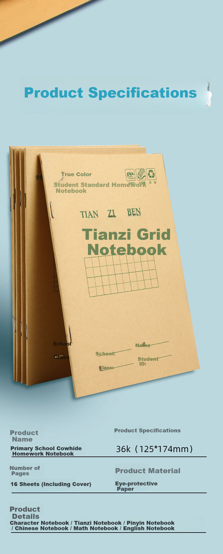 TRUECOLOR 36K Exercise Book National Standard Practice Book English Notebook Complete Set Chinese Writing Notebook Kindergarten Handwriting Copybook Grade 1-2 Popular 10-Pack ZCW-1074 3