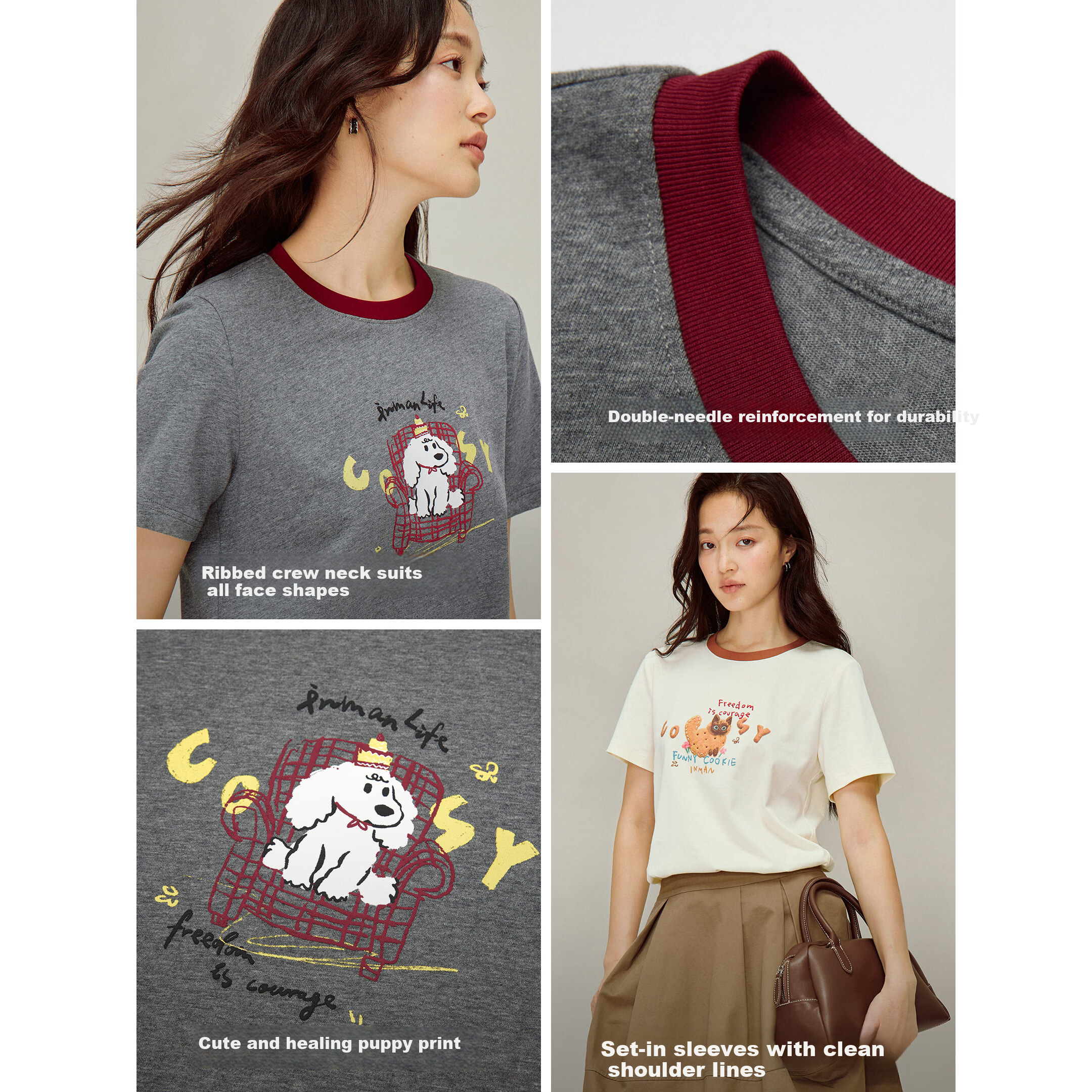 INMAN INMAN [Runway Style] Floral Contrast Color Round Neck T-Shirt, Summer Women's Regular Shoulder Short Sleeve Top, Dark Floral Gray, Size S