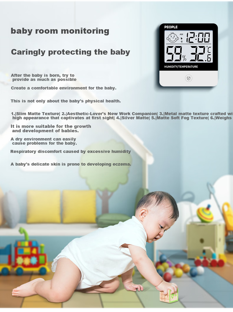 People Indoor Thermometer Electronic Temperature Meter Baby Room Wall-Mounted Greenhouse High-Precision Temperature and Humidity Meter Black Backlight 6