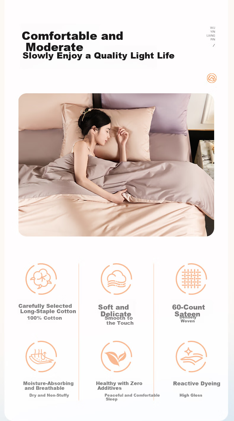 MUJI Bedding 100% Cotton A-Class 60-Count Four-Piece Sheet Set Elegant Purple with Sheep Stationery 1.8/2.0m Bed 2.0*2.4m Duvet Cover 2