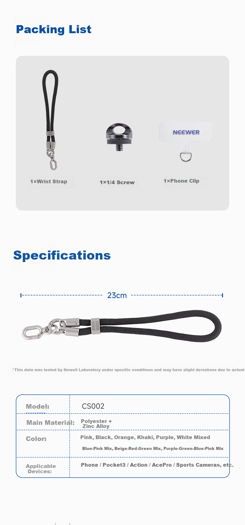 NEEWER Wrist Strap Lanyard for DJI Pocket 3/Action 4/5/Smartphone Sports Camera Portable Anti-Lost Anti-Drop Wristband Blue Pink 9