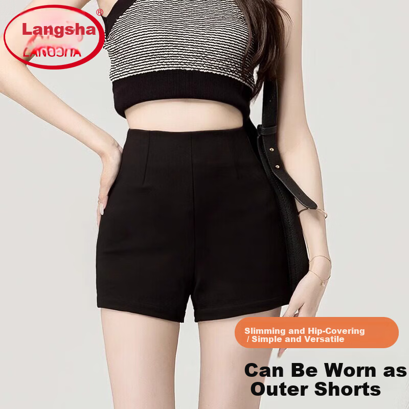 Langsha Black Women's Summer Shorts New Small Size Anti-Exposure Slim Hot Pants High Waist Quick-Dry Suit Shorts
