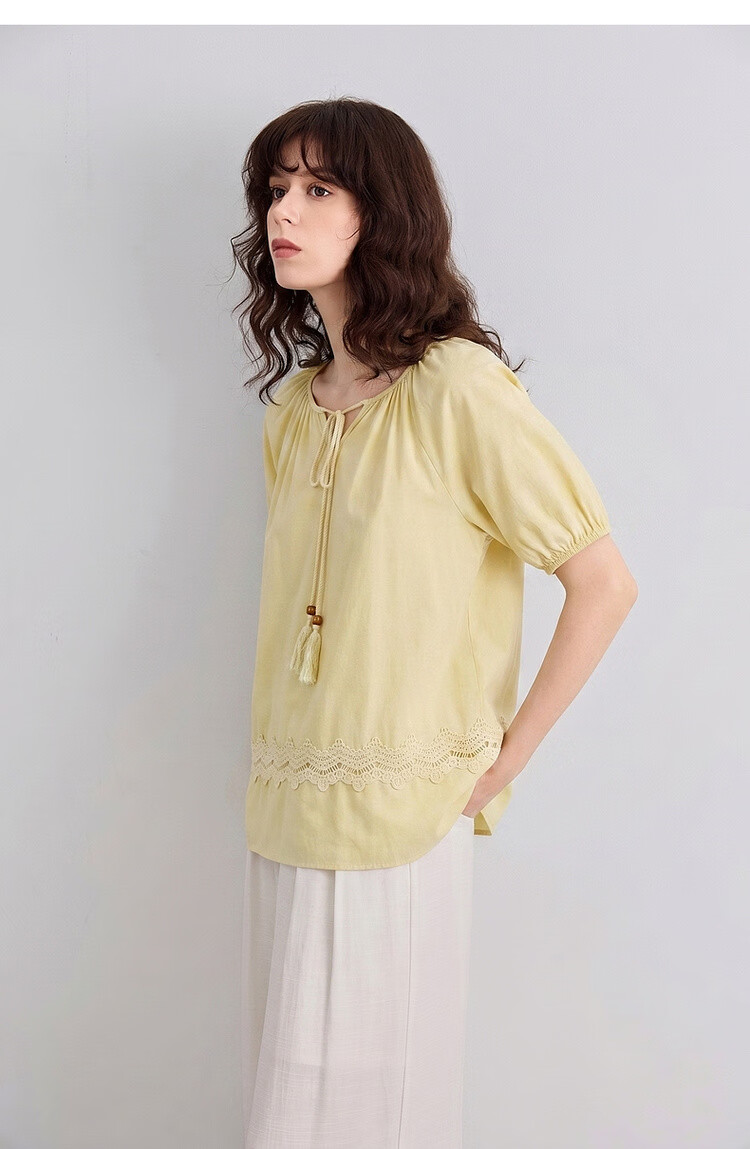 Demana Pure Cotton Tassel Tie Round Neck Shirt Women Summer New Lace Splicing Ruffle Loose Blouse 16