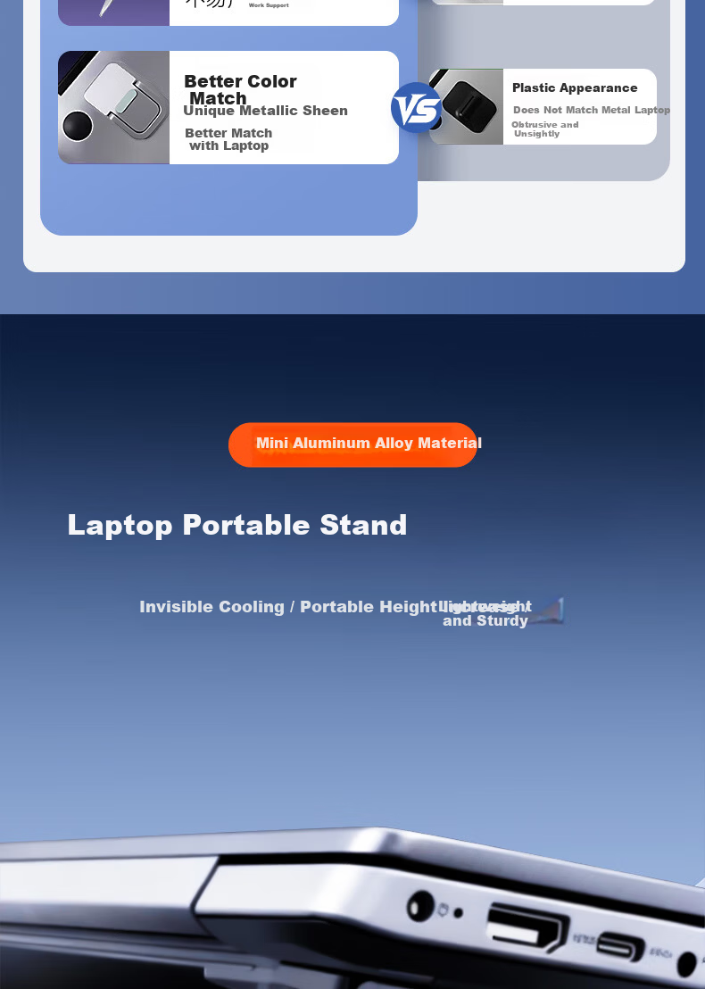 JPLAYER Laptop Stand, Zinc Alloy Portable Folding Cooling Riser, Mini Keyboard Backrest, Single-Level Support Foot Stand for Apple Computers, Silver Color 2