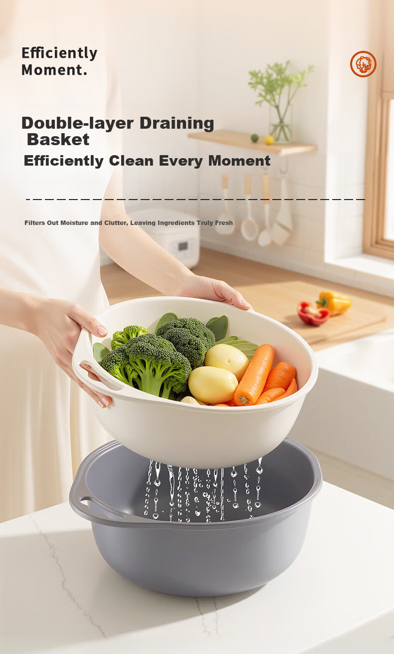 Baicaoyuan Double-Layer Colander Basket, Fruit Hollow Drainer, Large Kitchen Sink Strainer for Home Vegetable Washing And Side Dish Preparatio 1