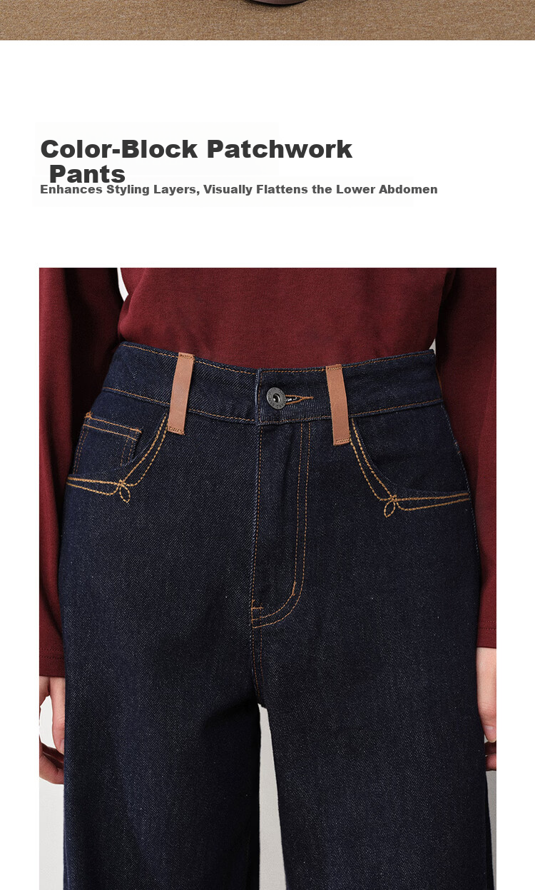 Giordano Designer Women's Patchwork Loop Embroidered High-Waist Wide-Leg Raw Denim Jeans 18415534 4