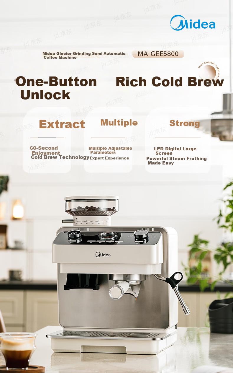 Midea Semi-Automatic Coffee Machine, Cold And Hot Three-Infusion Fully Automatic Grinder All-In Machine, Home Use Bean Grinder, Italian Espresso, Visible Pressure Gauge, GE5810 1