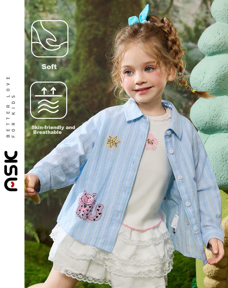 ASK JUNIOR Baby Shirt 26 Spring Girls' Polo Collar Striped Long Sleeve Shirt Jacket Cute Printed Soft Skin-Friendly Top 8