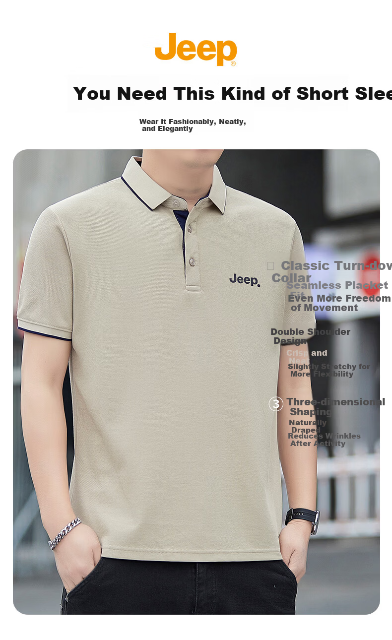 JEEP Polo Shirt for Men, Summer Breathable Short-Sleeve, Turn-Down Collar Quick-Dry T-Shirt, Business Father's Day Gift, Black, 3XL 2