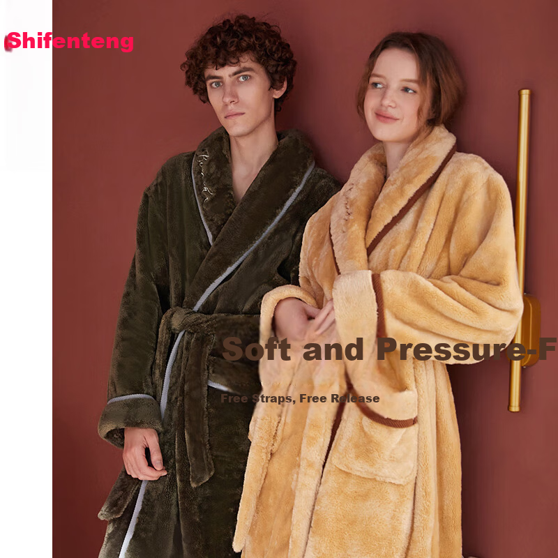FENTENG Autumn Winter New Thickened Flannel Couple's Long Coral Fleece Bathrobe Men's Pajamas Homewear