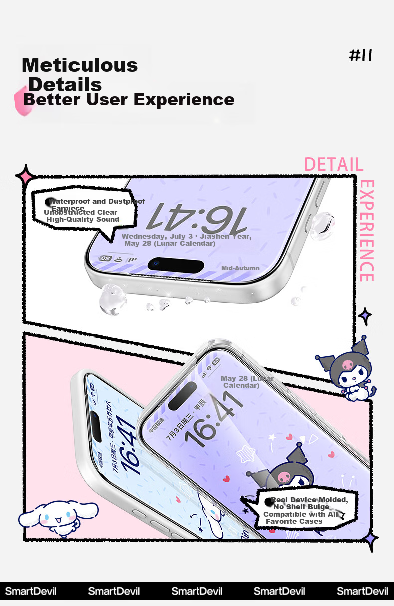 Shanmo [Sanrio Official License] Tempered Glass Screen Protector for iPhone 17 Pro, Apple 17 Pro Full Coverage Screen Film, Clear Cool Kuromi Design, 1 Piece 15
