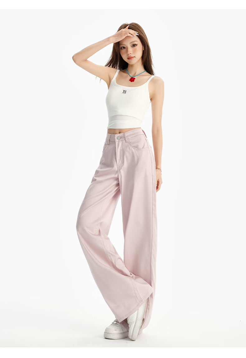 Jeanswest Women's Summer Thin Tencel Wide-Leg High-Waist Draped Ice Silk Straight-Leg Floor-Length Pink-Purple Tencel Pants L 17