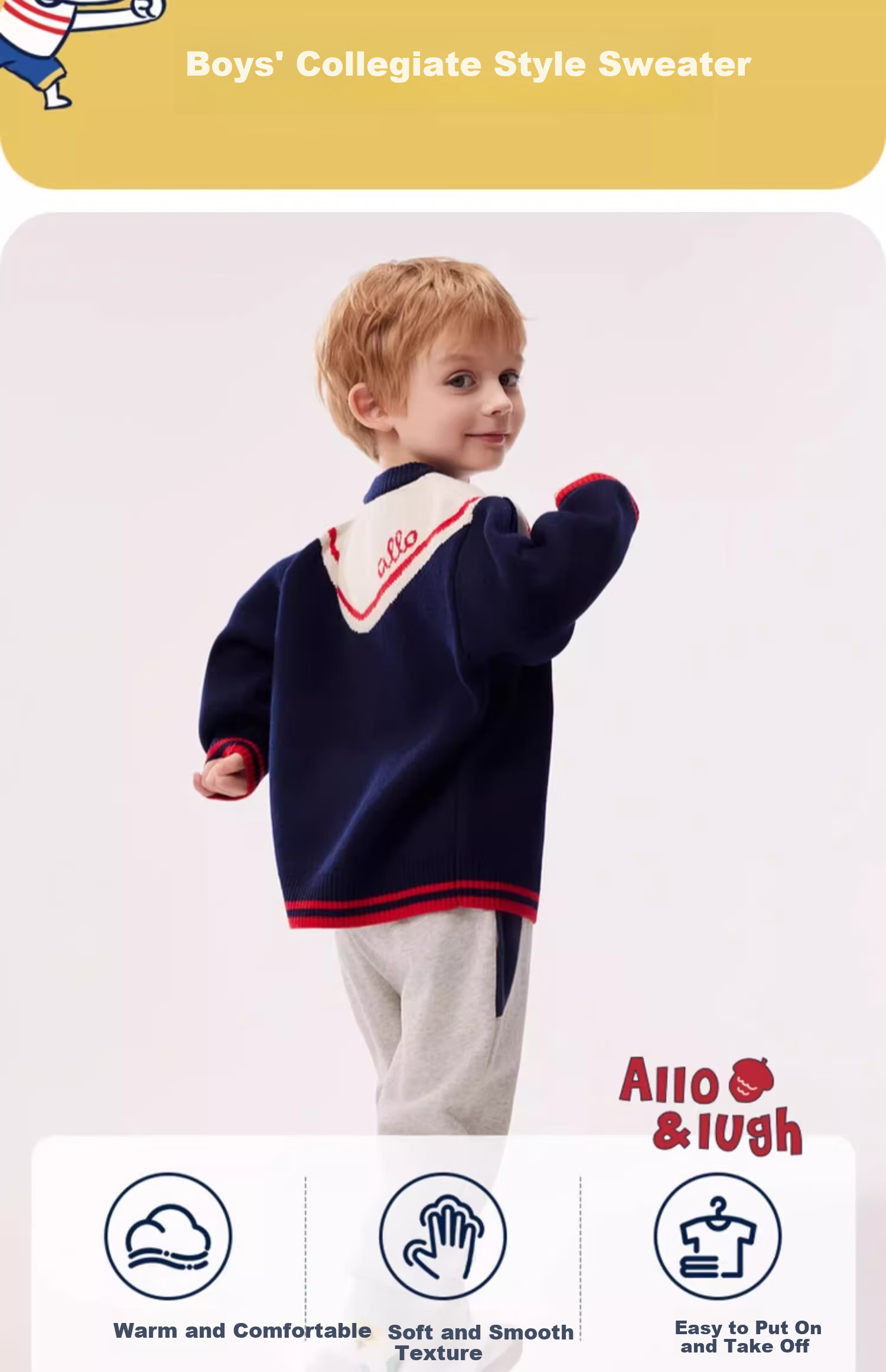 Allo&lugh New Knit Pullover Sweater Jacket for Men Boys Knitwear College Style Navy Blue Size 105 1
