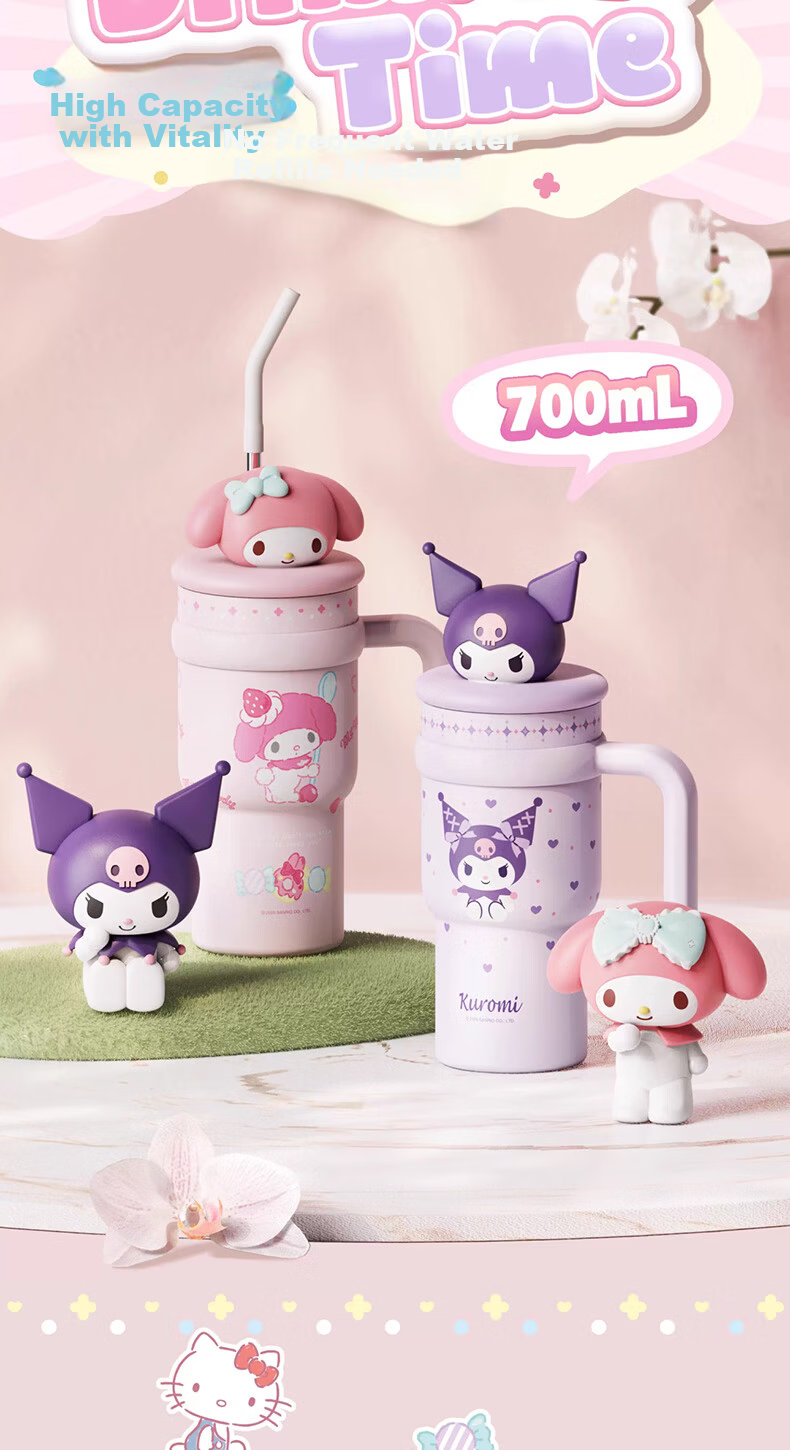 MINISO Sanrio Hello Kitty Insulated Tumbler with Plush Doll, Large Capacity 700ml Travel Mug for Home and Office 7