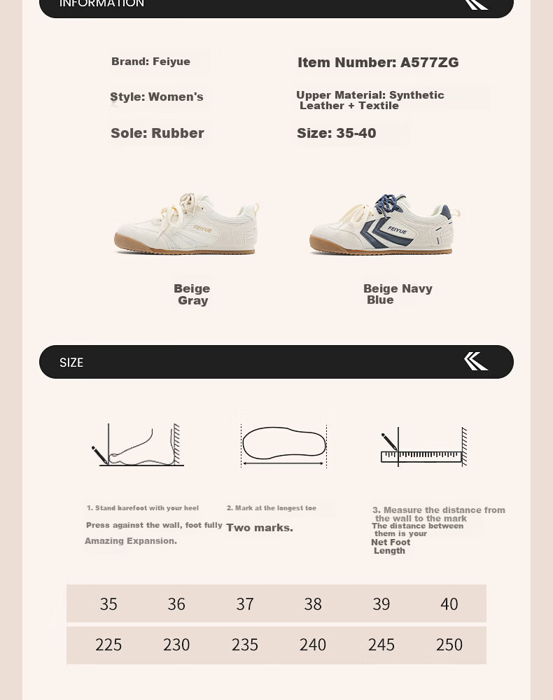 Feiyue Official Women's Casual Shoes 2026 Summer New Versatile Soft Sole Sneakers Women Beige Deep Blue Size 38 8