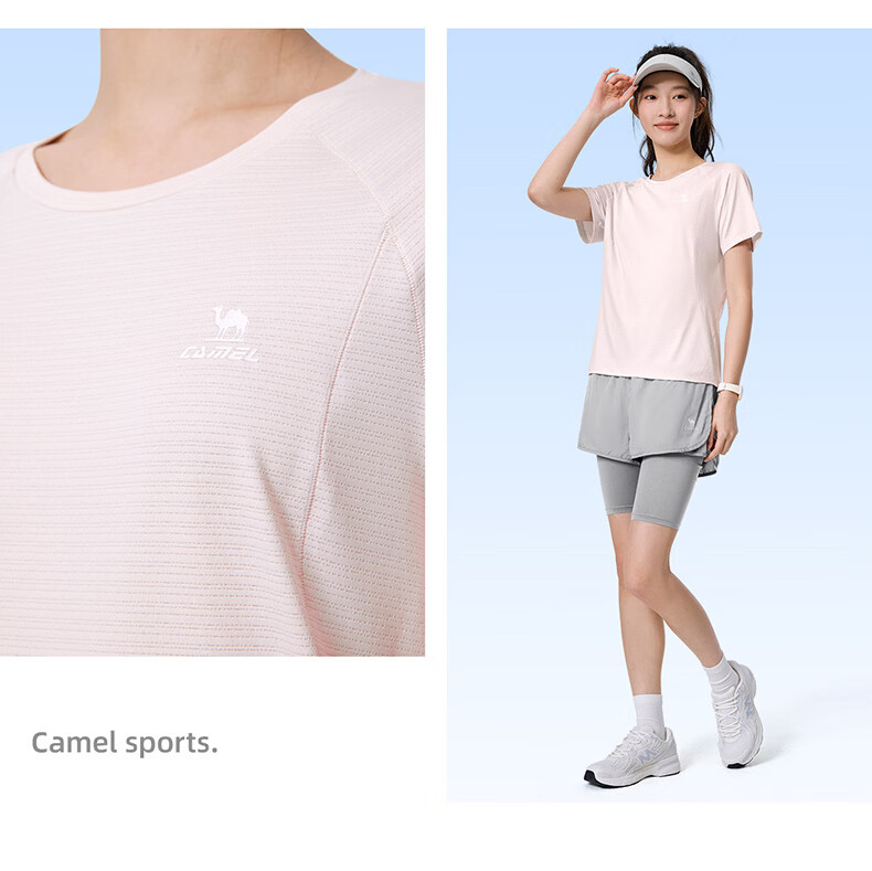 CAMEL Quick-Dry Sports T-Shirt Women Short Sleeve Breathable Casual Running Top C26BAYL6030 Dreamy Pink XL 27