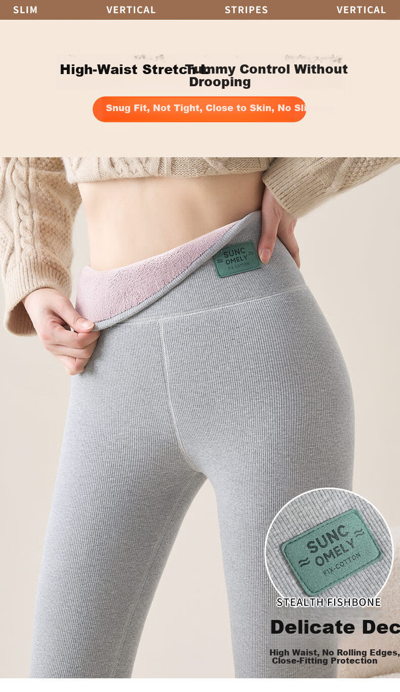 Urban Beauty Women's Fleece-Lined High-Waist Ribbed Leggings Thickened Warm Slim Fit Black Pants for Autumn and Winter 8