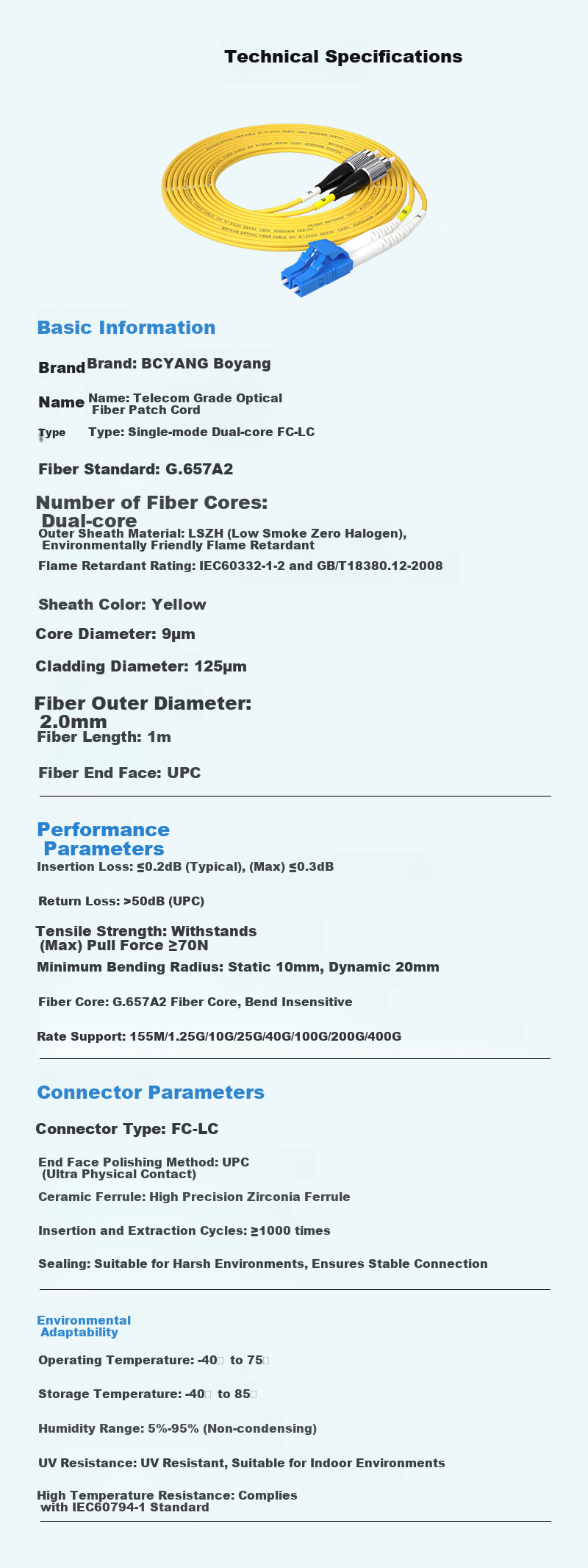 BOYANG Telecom Grade Fiber Optic Patch Cord FC-LC (UPC) 1m Single Mode Duplex Fiber Optic Cable Φ2.0 Flame Retardant Low Smoke Halogen-Free Patch Cord BY-1532S 2