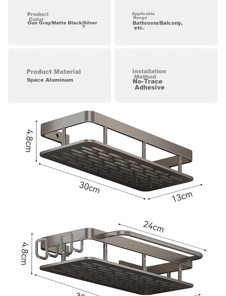 Xinpei Space Aluminum No-Drill Storage Rack, Bathroom Kitchen Wall-Mounted Shelf, Square Heavy-Duty Adhesive Rust-Proof Organizer 15