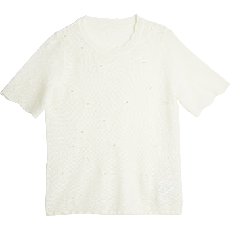 Olrain Summer New Bow Jacquard Pearl Embellished Short Sleeve Knit Top for Women, Off-White, Size S