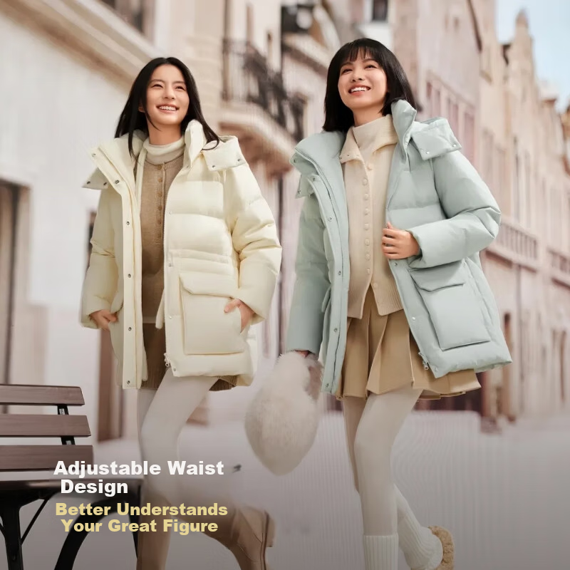 BOSIDENG Women's Off-Season 90% Down Thickened Detachable Hood Slim Fit Mid-Length Casual Versatile Jacket Winter
