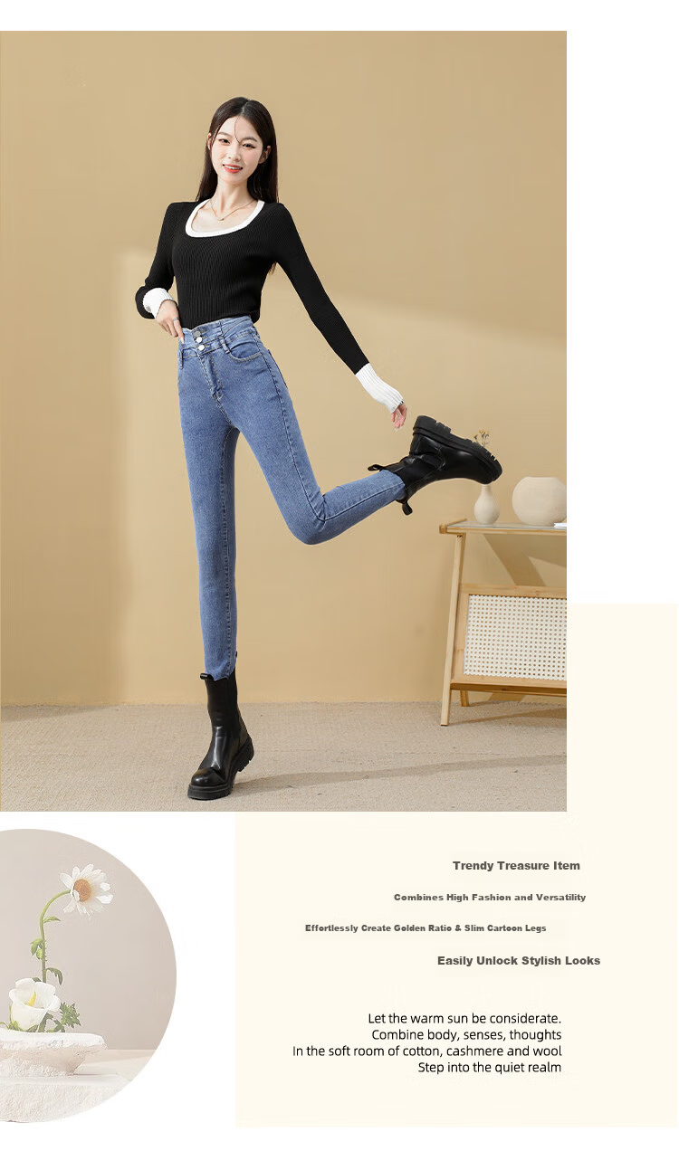 Jeanswest Women's Jeans, Thick Fleece-Lined Pants, High-Waisted, Slimming, Skinny Leg Trousers, Winter Wear, Smoke Gray Color, Size 31 3