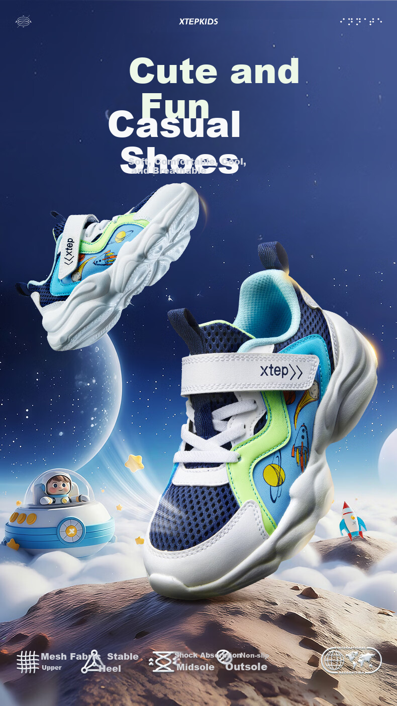 XTEP Kids Mesh Cartoon Element Sports Shoes Non-Slip Sole Boys Casual Shoes Deep Blue/Classic White Size 28 1