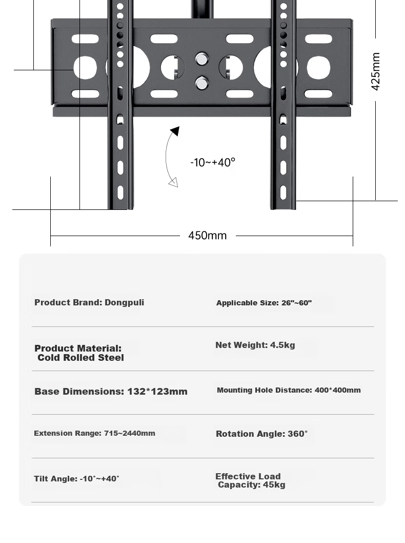 Dongpuli 26-60 Inch 2.5M TV Ceiling Mount Bracket Rotatable Adjustable Multifunctional LCD Monitor Surveillance Pole Wall Mount 9