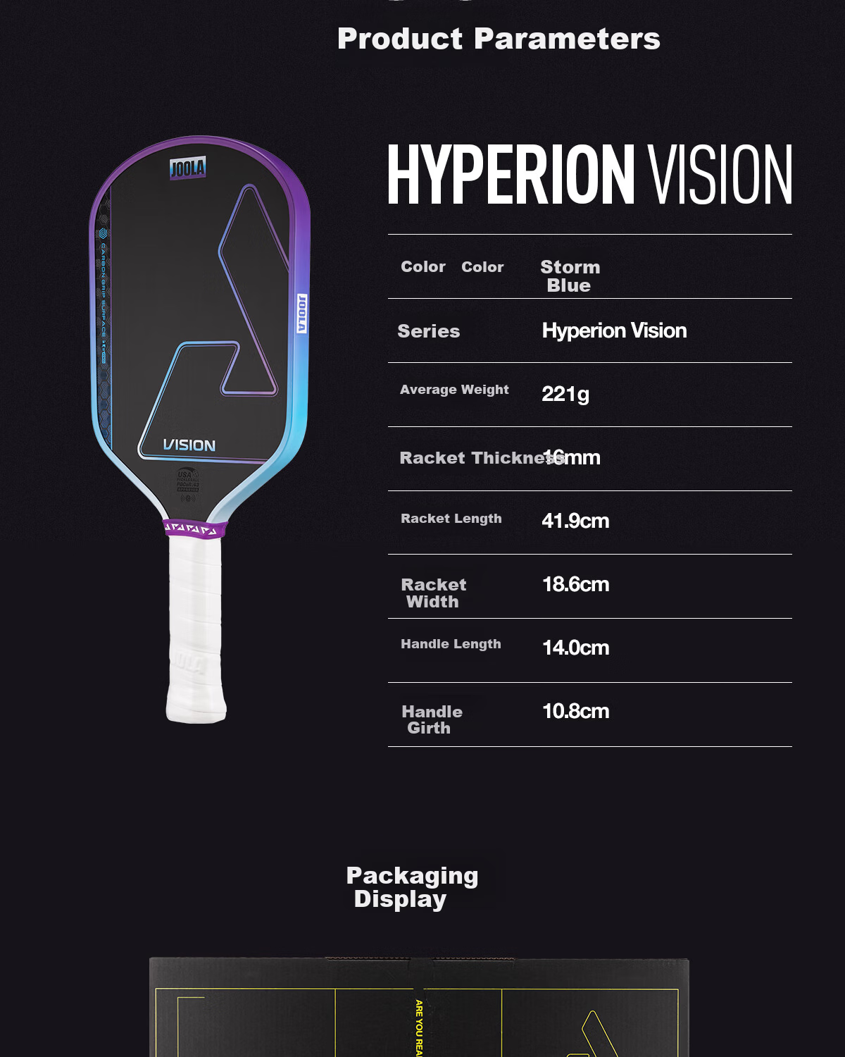 JOOLA Hyperion Vision 16mm Balanced Table Tennis Racket - Storm Blue 10