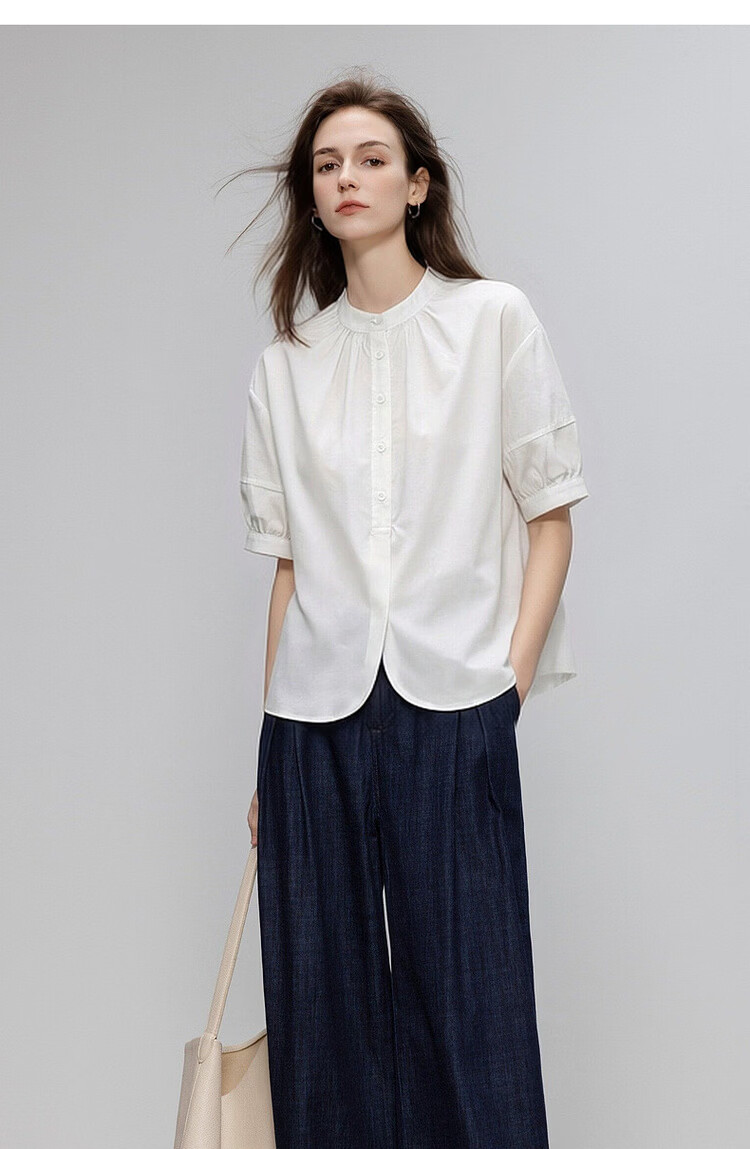 Demana [Oxygen Pure Cotton] Summer Simple Style Gathered Small Stand Collar Lantern Sleeve Curved Hem Loose Slim Women's Shirt 13