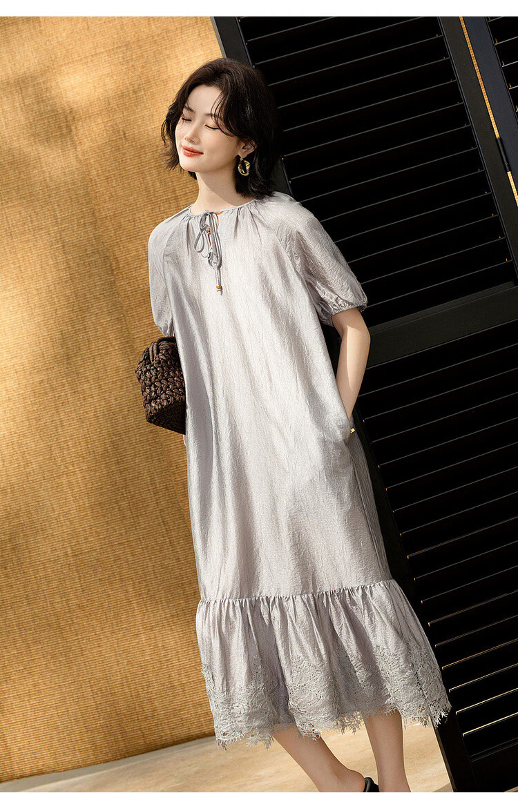 Demana Wrinkled Acetate Summer Vacation Style Tassel V-Neck Lace Splice Loose Mid-Length Women's Dress 17