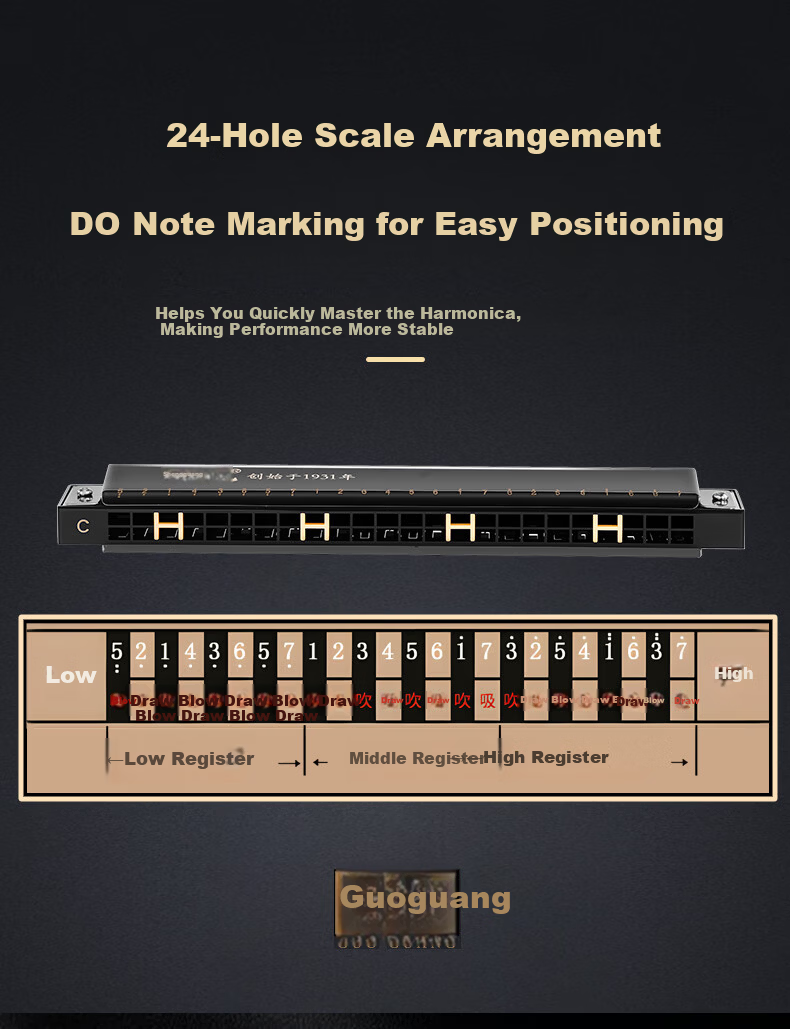 Guoguang 24-Hole Beginner Entry-Level Diatonic Harmonica C Key (Athens Black) Gift Box Edition 5