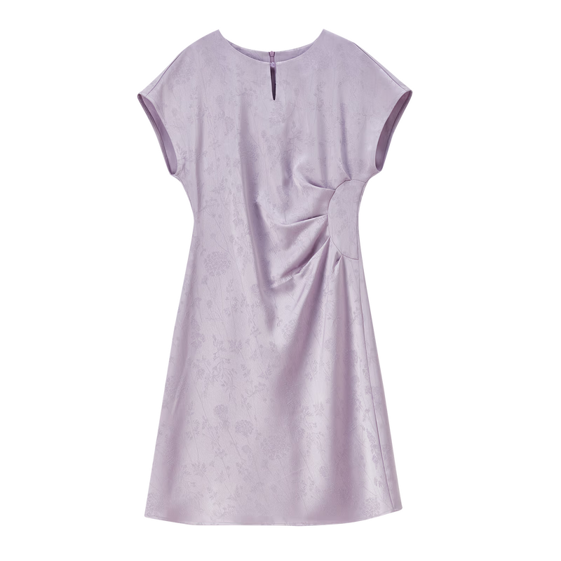 Shangdu Bila Elegant Slimming National Style Summer Dress for Women with Beaded Buttons, Round Neck, Flutter Sleeves, A-Line Jacquard Mid-Length Dress