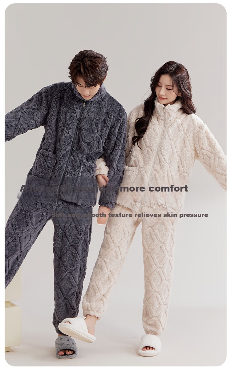 LangSha New Winter Couple Pajamas Fleece Thickened Men's Flannel Homewear Set 4